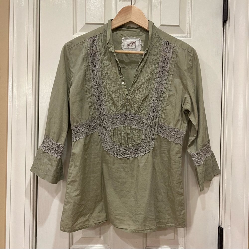 Johnny Was Pete and Greta Blouse Victorian Boho Prairie Peasant Green Small